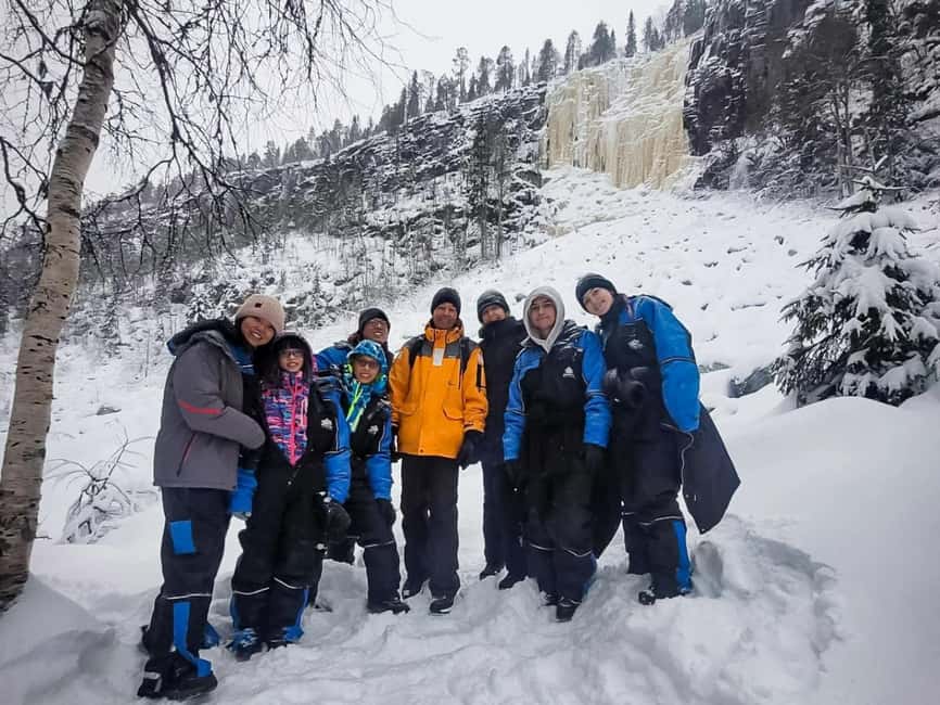 Rovaniemi: Korouoma Canyon Frozen Waterfalls Hike & BBQ - Walking into the snowy forest