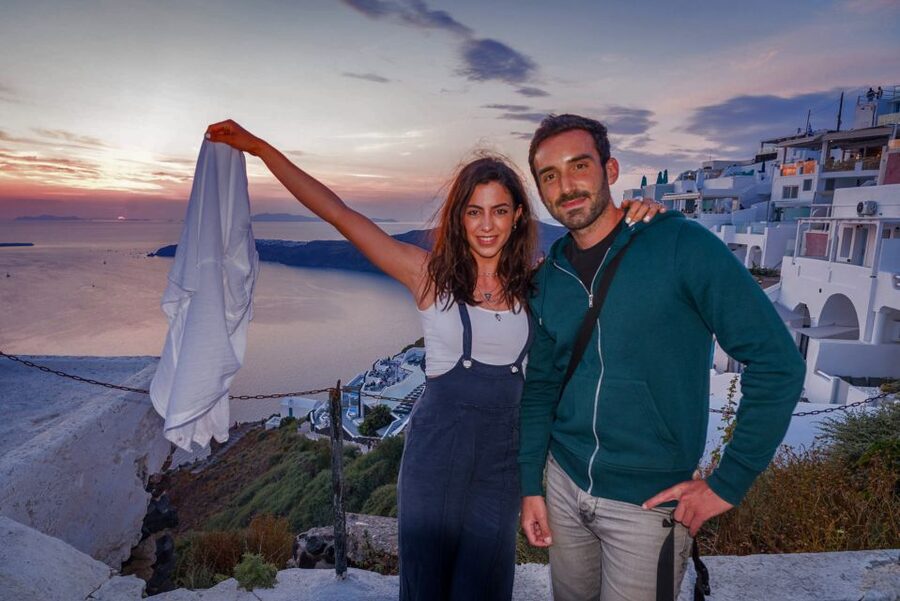 Santorini: Night Hike, Wine Tasting, and Greek Dinner - Sunset above the Caldera and volcano